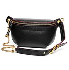 Women Chain Strap Cross-body Bags Genuine Leather Waist Bag with Zipper Black