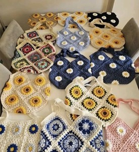 Handmade Crochet Granny Square Tote Bag Yarn Shoulder Bag Brown & Cream