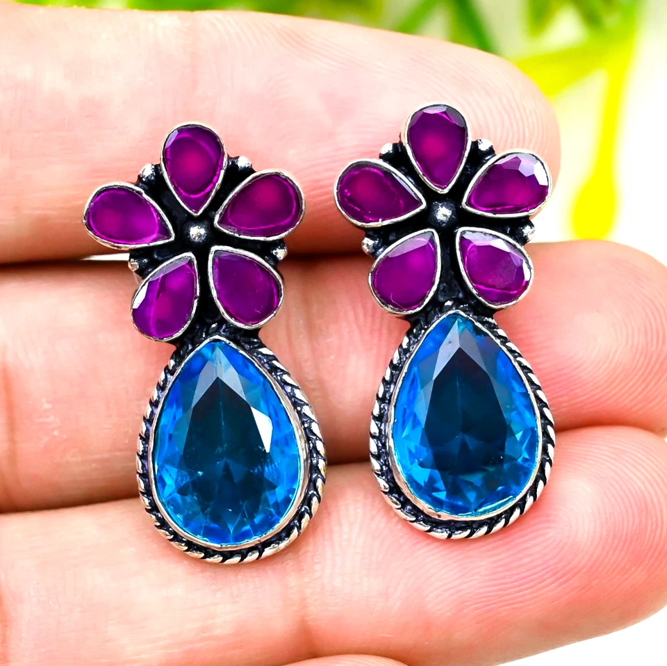 Orecchini gioielli in argento sterling 925 con topazio blu svizzero, pietra... - Immagine 2 di 4