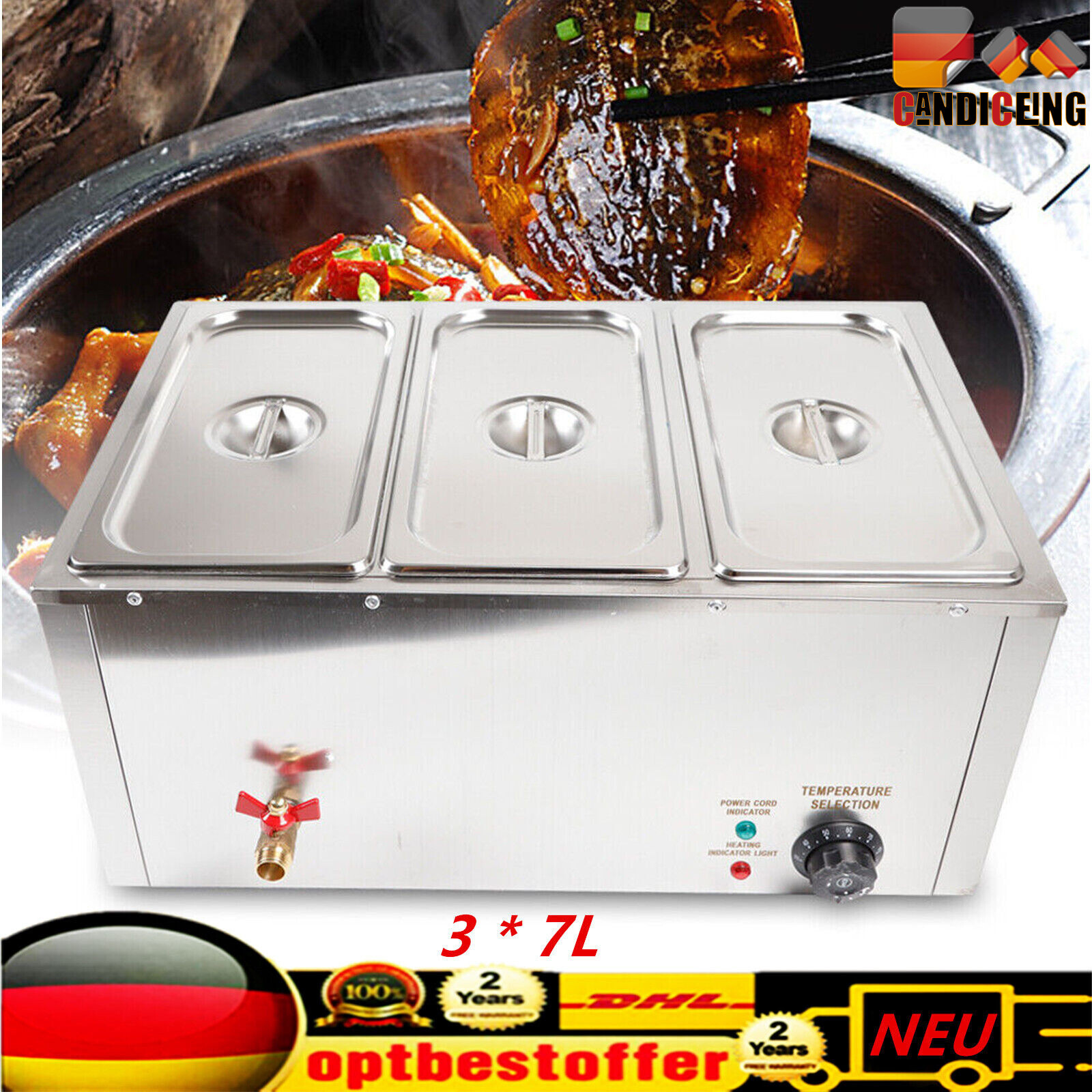 3 Behälter Edelstahl Bain Marie Wasserbad Speisenwärmer Warmhalter 220V 850W DE