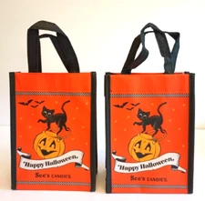 2 See's Candies Trick-or-Treat Bag Cat, Pumpkins Orange and Black 7x5
