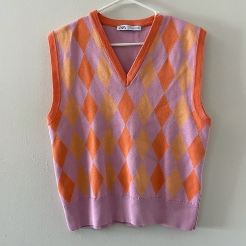 Zara Argyle Knit V-Neck Sleeveless Sweater Vest Orange Pink Size Small |  eBay