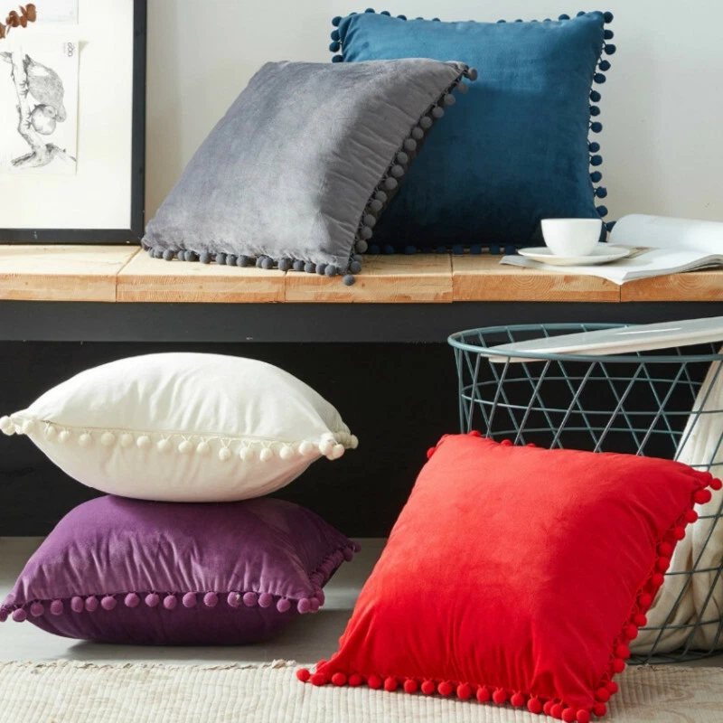 2x Throw Sofa Pillow Case Cover Pom Pom Cushion Velvet Velour Home Bed Decor New - Image 2 of 4