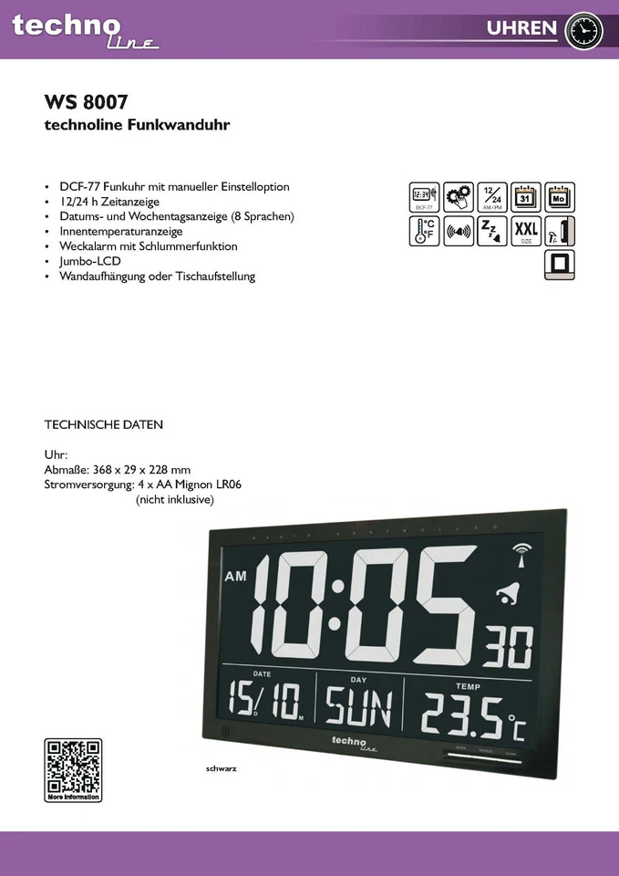 technoline WS8007 Funkwanduhr | Wochentagsanzeige | Jumbo-LCD - Bild 3 von 3