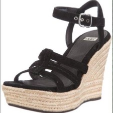 NUEVO Sandalias Ugg CALLIA Negro Gamuza Plataforma Cuña Correa al Tobillo Tacones Talla 10 NUEVAS