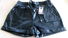 CI SONA BLACK FAUX LEATHER PAPERBAG WAIST CUFFED FRONT POCKETS Sz Medium NWT