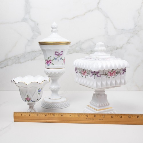 VTG Westmoreland Milk Glass Wedding Bride Box Painted Compote Lid Dish Candy Set - Picture 2 of 18