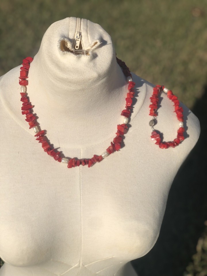 Red Coral Pearl Necklace Bracelet SET Hand Strung Vintage clasp eBay