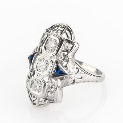 Art Deco Damenring 750er Gold mit 0.34ct Brillanten und 0.10ct Saphiren