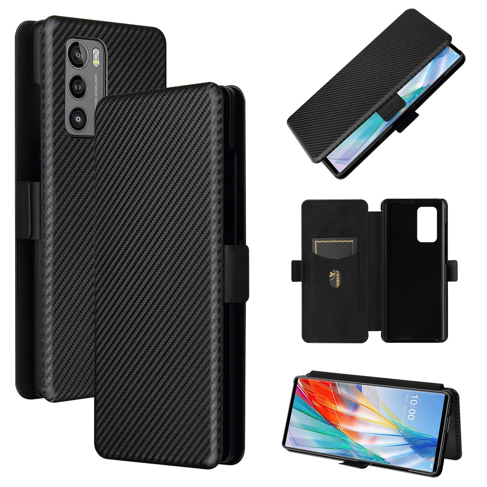 For LG Wing 5G, Luxury Carbon Fiber Flip Leather Wallet Card Full Cover Case - Image 2 of 4