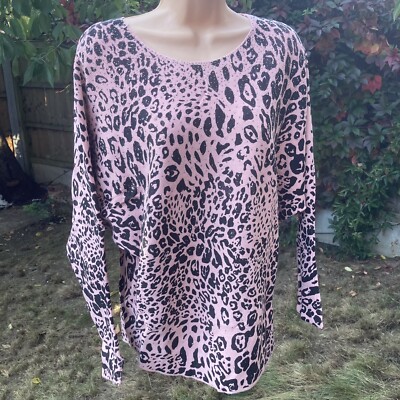 Rose Pink Black Leopard Print Batwing Sleeve Knitted Top Stones
