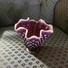 Fenton Plum Purple Opalescent Hobnail Hanky Handkerchief 6” Art Glass Vase VTG