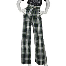 Vintage Bell Bottom Flare Rock Grunge Punk High Waisted Disco Green Plaid Pants