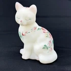 Fenton White Satin Glass Sleeping Cat Figure Roses Hand Painted S JOHNSON 3.75"