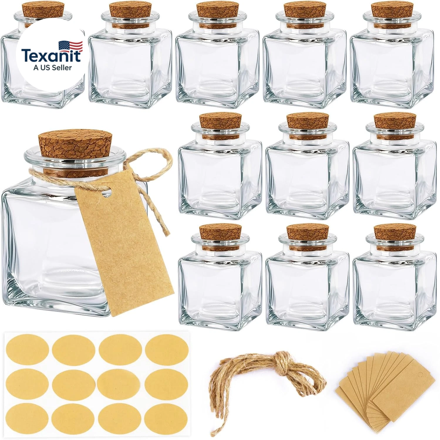 12 Pack Square Small Glass Bottles with Lids, 1.7OZ Mini Glass Jars with Cork Ta
