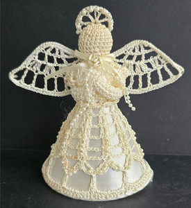 VINTAGE CHRISTMAS ANGEL CROCHET ORNAMENT PEARLS SATIN 5 1/2"