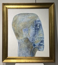 Surrealist Painting On Board Of Abstract Head Old Label Zdzislaw Beksinki Poland