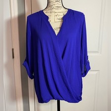 a.n.a Royal Blue Sheer Gauzy Roll-tab Sleeve Blouse XL L