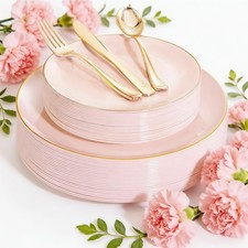 YOUBET 125PCS Pink Plastic Plates - Pink Disposable Plates With Gold Rim - Pi...