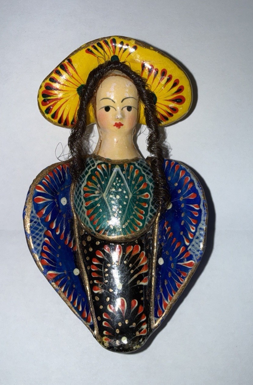 Vintage Mexican Folk Art Clay Doll Ornament Hand Painted Rus