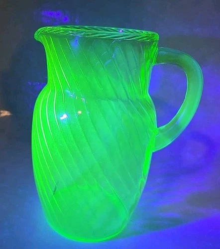 Vintage Green Uranium 8" Pitcher Swirl or Spiral Design Depression Glass