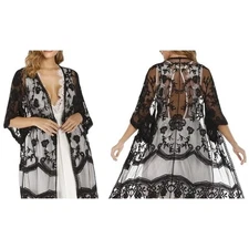 Davi & Dani NEW Oversized Black Lace Tie-Front Long Kimono Topper Medium/Large