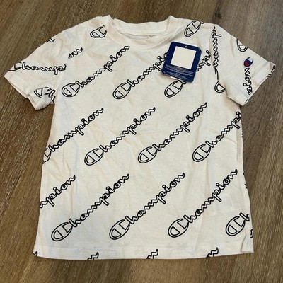 Champion Shirt Youth 5 White Allover Script Logo Graphic Tee Short-Sleeve