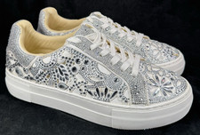 Betsey Johnson SB-LENON Rhinestone Beaded Floral Silver White Sneakers Size 9.5