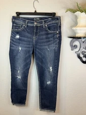 Silver Jeans Co Blue Distressed Dark Wash Fluid Boyfriend Cropped Jeans 31 X 25