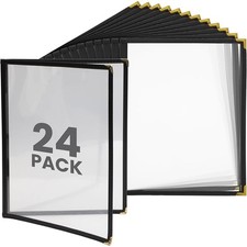 Juvale 24 Pack 8.5x11 Bifold Menu Covers, Black PU Leather Brass Corners, Clear