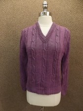 Vtg 1960s NEW NOS Purple 100 Wool V Neck Cable Knit Pullover Sweater Womens 34