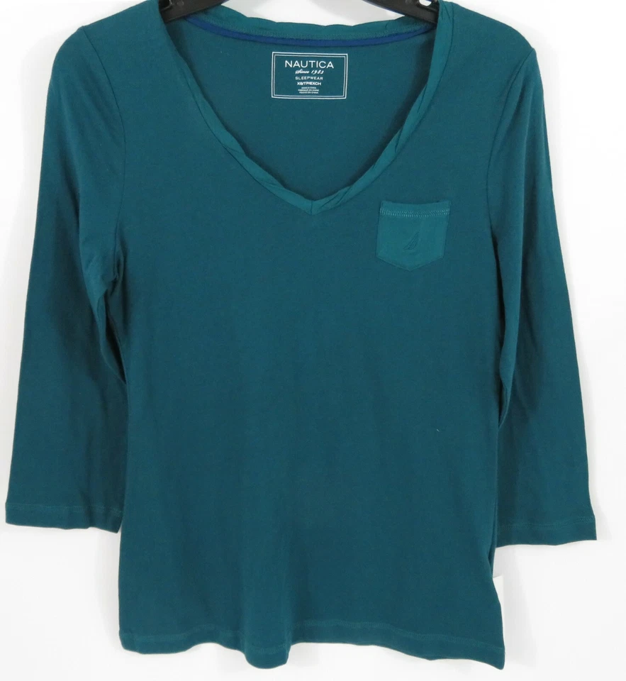 Camisa Nautica Cuello en V Verde azulado Mangas 3/4 100% Algodón Tejido Talla XS Ret $34 Foto 4 de 4