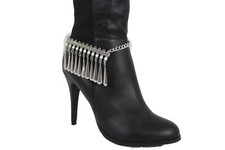 Women Silver Metal Chain Boot Funky Shoe Jewelry Bling Bracelet Dance Long Drops
