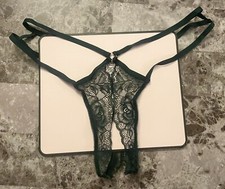 NWT VICTORIA'S SECRET GREEN LACE STRAPPY GOLD RING CROTCHLESS THONG PANTIES