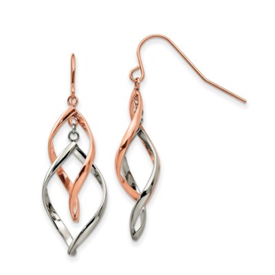 Stainless Steel Polished 2 tone Rose IP-plated Dangle Shepherd Hook Earring