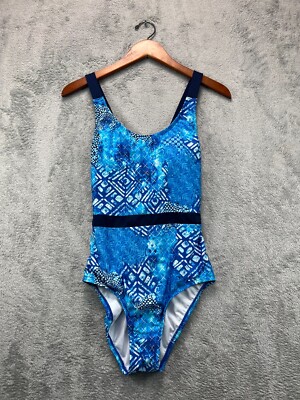Clean Water Swimsuit One Piece OTS Cross Back Womens Large Blue Art Deco