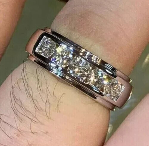 3Ct Round Cut Lab Created Diamond Men's Wedding Band Ring 14k White Gold Plated - Picture 4 of 7