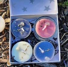 Moon Phase Tealights Soy Candles Set Box of 4 w/Glass Holder Moonstone Gems New