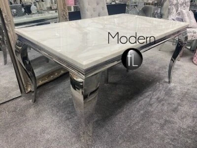 Marble Dining Table White Grey Vein Curved Louis Chrome Legs Velvet Chairs