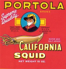 Portola Brand California Squid/ Calamares Vintage Can Label Monterey, California