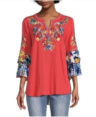 John Mark Floral Embroidered Birds Tunic Top Womens Petite M Tiered Sleeves Boho