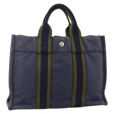 HERMES Fourre ToutPM Tote Bag Canvas Navy Silver Auth am11365