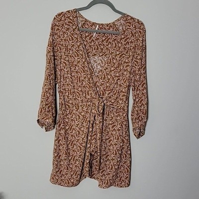 Free People Clara Tan Ditsy Floral Faux Wrap Mini Dress Sz S