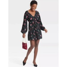 Balloon-Sleeve Dropped Elastic Waist Long Sleeve Mini Dress - A New Day Black XS