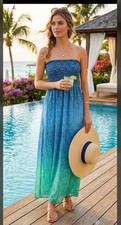 Old Navy Dress Womens S Strapless Smocked Maxi Sundress Lined Resort Boho #2140