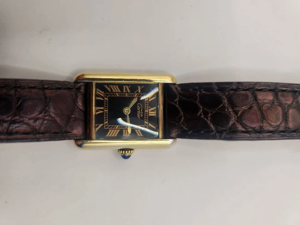 Cartier Must De Tank Quartz Watch Black Gold Dial Brown Leather w/Box - Image 2 of 4