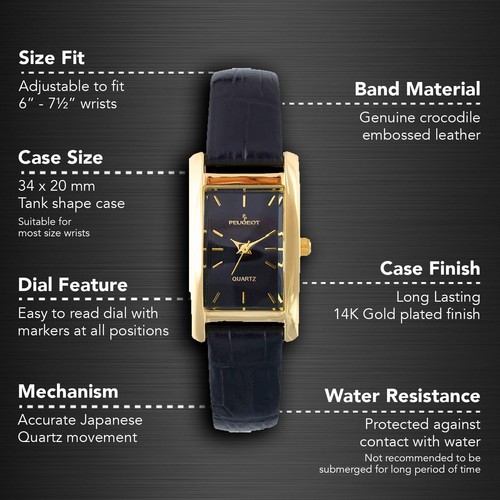 Peugeot Women's Classic 14Kt Gold Plated Watch, Rectangular Tank Shape Black - Picture 2 of 5
