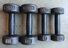 Vintage York Barbell Pair of USA Stamp 10 & 5 lb Dumbbell Roundheads wFat Grip