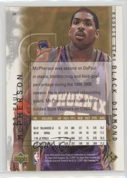 2000-01 Upper Deck Black Diamond Gems Gold /250 Paul McPherson #104 Rookie RC - Image 2 of 2