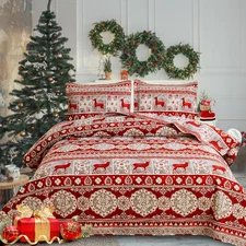 Queen Size Christmas Quilts Set - Rustic Lodge Red Reindeer Bedding 90"x90